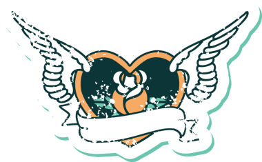 Bir insan tarafından çizilmiş çiçek ve pankartıyla uçan bir kalbin sembolik dövmeli resmi.