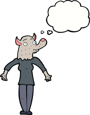 Bir insan tarafından çizilmiş düşünce balonu olan kurtadam kadın.