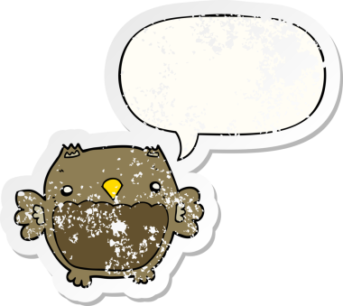 Konuşma baloncuğu olan çizgi film baykuşu bir insan tarafından çizilmiş sıkıntılı eski bir çıkartma