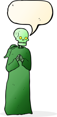 Bir insan tarafından çizilmiş, siyah cüppeli bir iskelet.