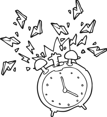 Bir insan tarafından çizilmiş siyah beyaz çizgi film çalar saat.