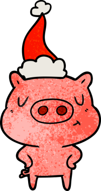Bir insan tarafından çizilmiş Noel Baba şapkası takan bir domuzun el çizimi karikatürü.