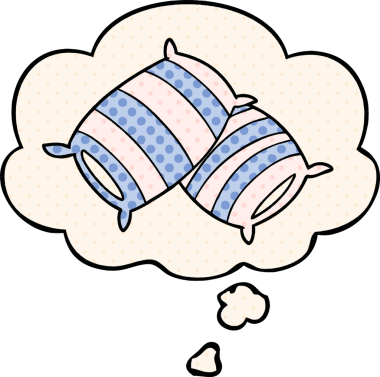 Düşünce baloncuğu olan çizgi film yastıkları bir insan tarafından çizilmiş.