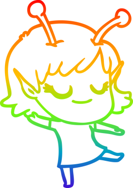 Bir insan tarafından çizilmiş gülümseyen uzaylı kız çizgi filmi.