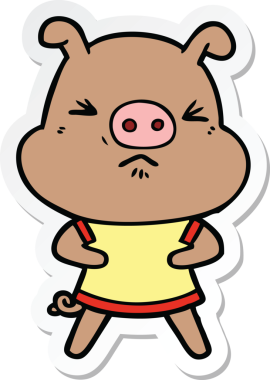 Bir insan tarafından çizilmiş tişört giyen kızgın bir domuzun çıkartması.