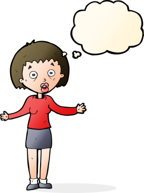 Bir insan tarafından çizilmiş düşünce baloncuğuyla bahaneler üreten çizgi film kadını.