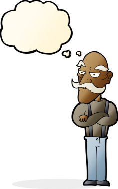 Bir insan tarafından çizilen düşünce baloncuğuyla sıkılmış yaşlı bir adam.