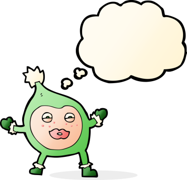 Bir insan tarafından çizilmiş düşünce baloncuğu olan komik bir Noel yaratığı.