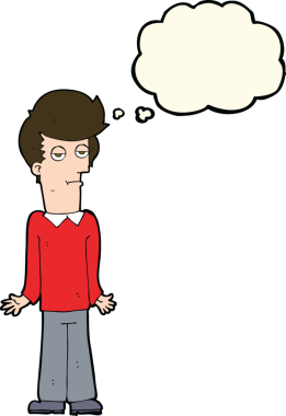 Bir insan tarafından çizilmiş düşünce baloncuğuyla omuz silken karikatür.