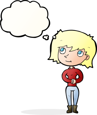 Bir insan tarafından çizilmiş düşünce baloncuğu olan çizgi film dostu kadın.