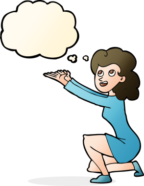 Bir insan tarafından çizilmiş düşünce kabarcığıyla sunum yapan karikatür kadını.