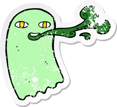 Bir insan tarafından çizilmiş komik bir karikatür hayaletinin gerilmiş çıkartması.