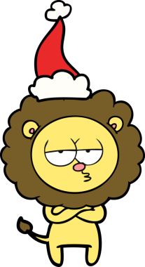 Bir insan tarafından çizilmiş Noel Baba şapkası giyen yorgun bir aslanın el çizimi.