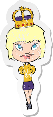 Bir insan tarafından çizilmiş taç giyen bir çizgi film karakterinin sıkıntılı retro çıkartması.