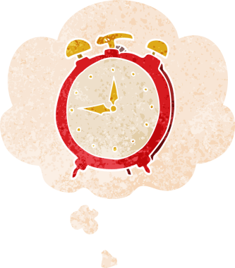 Düşünce baloncuklu karikatür alarm saati bir insan tarafından çizilmiş, sıkıntılı retro dokuma tarzı