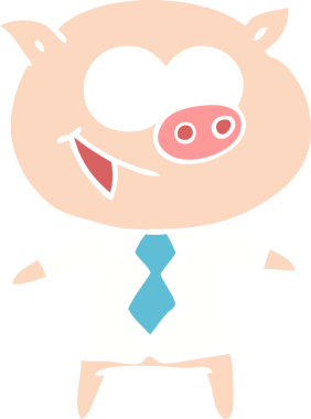 Bir insan tarafından çizilmiş ofis kıyafetleri içinde neşeli bir domuz.