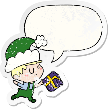 Çizgi film mutlu noel elfi konuşma baloncuğuyla birlikte bir insan tarafından çizilmiş sıkıntılı eski bir çıkartma