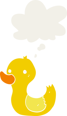 Düşünce baloncuğu olan çizgi film ördeği insan tarafından çizilmiş.