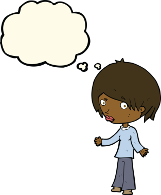 Bir insan tarafından çizilmiş düşünce baloncuğu olan kafası karışık bir kadın çizgi filmi.