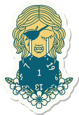 Ağlayan yarı ork haydut bir karakterin çıkartması. Bir insan tarafından çizilmiş doğal bir D20 rulosu.