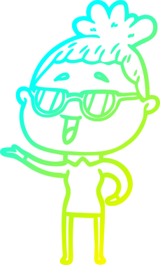 Bir insan tarafından çizilmiş gözlük takan mutlu bir kadının çizgi film çizimi.