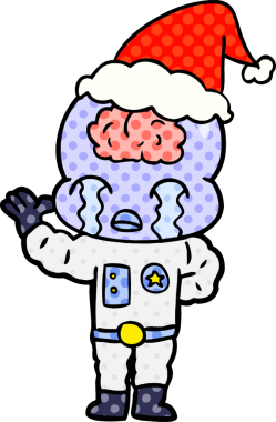 Bir insan tarafından çizilmiş Noel Baba şapkasıyla ağlayan büyük beyinli bir uzaylının el çizimi çizgi roman çizimi.