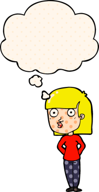 Çizgi roman tarzında bir insan tarafından çizilmiş düşünce baloncuğuyla bakan çizgi film kadını.