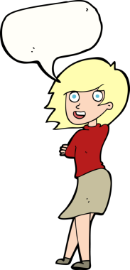 Bir insan tarafından çizilmiş konuşma balonlu mutlu kadın çizgi filmi.