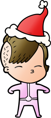 Bir insan tarafından çizilmiş fütürist kıyafetler giyen ve Noel Baba şapkası takan bir kızın el çizimi çizgi filmi.