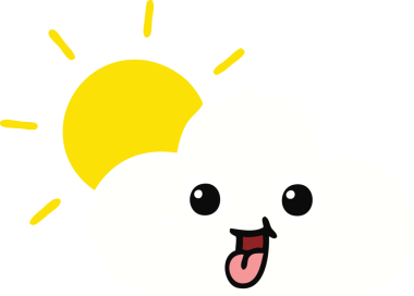 Bir insanın çizdiği düz renkli güneş ve bulut karikatürü