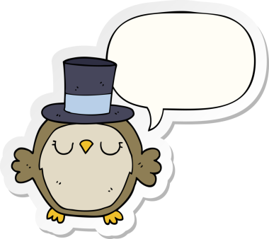 Bir insan tarafından çizilmiş balon etiketli silindir şapka takan bir baykuş.