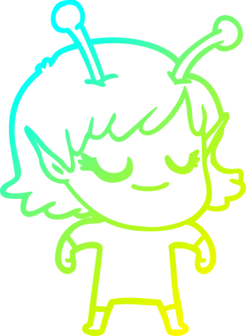 Bir insan tarafından çizilmiş gülümseyen uzaylı kız çizgi filmi.