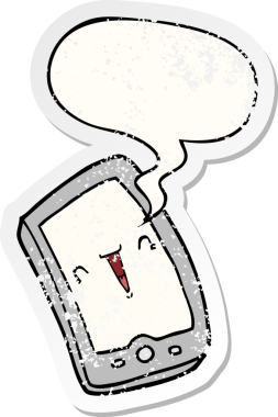 Konuşma baloncuklu sevimli çizgi film cep telefonu bir insan tarafından çizilmiş sıkıntılı eski bir çıkartma