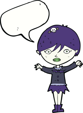 Bir insan tarafından çizilmiş konuşma balonlu vampir kız çizgi filmi.