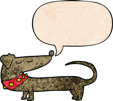 Konuşma baloncuğu olan çizgi film köpeği insan tarafından çizilmiş eski moda dokular.