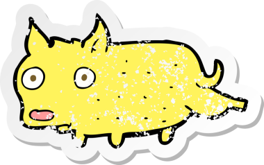 Bir insan tarafından çizilmiş küçük bir köpeğin gerilmiş çizgi film çıkartması.