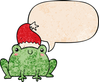 Bir insan tarafından çizilmiş eski dokuda konuşma baloncuğu olan şirin bir çizgi film Noel kurbağası.