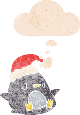 Homurdanan düşünce baloncuğu olan sevimli penguen dertli eski moda bir insan tarafından çizilmiş.