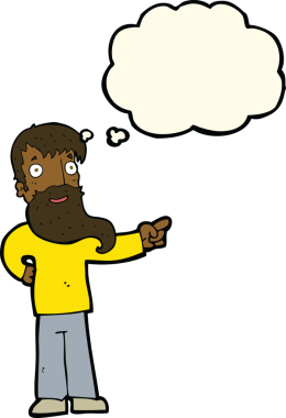 Bir insan tarafından çizilmiş düşünce baloncuğuyla işaret eden sakallı bir çizgi film adamı.