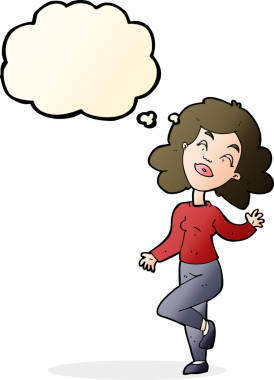 Bir insan tarafından çizilmiş düşünce baloncuğuyla dans eden mutlu kadın çizgi filmi.