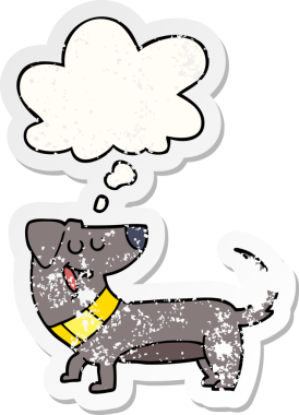 Düşünce baloncuğu olan çizgi film köpeği insan tarafından çizilmiş yıpranmış bir çıkartma gibi.