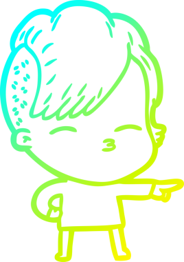 Bir insan tarafından çizilmiş, gözlerini kısarak bakan bir çizgi film karakteri.