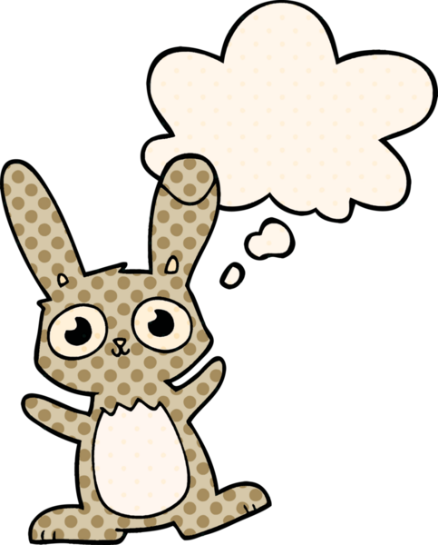 Bir insan tarafından çizilmiş çizgi roman tarzı düşünce baloncuğu olan sevimli çizgi film tavşanı.