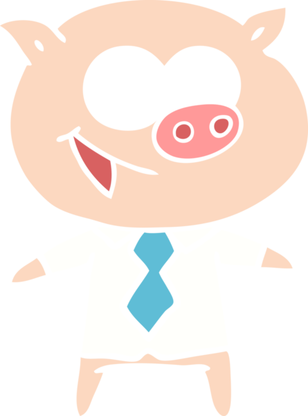 Bir insan tarafından çizilmiş ofis kıyafetleri içinde neşeli bir domuz.