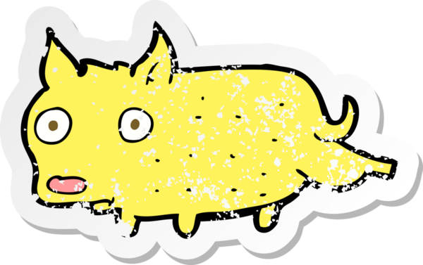 Bir insan tarafından çizilmiş küçük bir köpeğin gerilmiş çizgi film çıkartması.