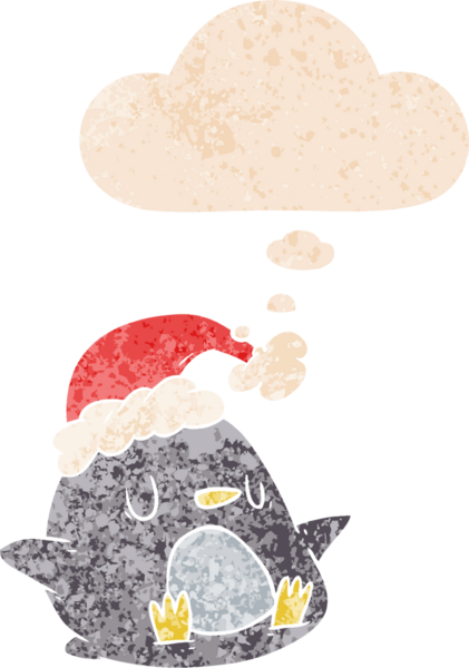 Homurdanan düşünce baloncuğu olan sevimli penguen dertli eski moda bir insan tarafından çizilmiş.