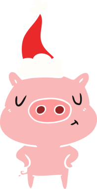 Bir insan tarafından çizilmiş Noel Baba şapkası giyen bir domuzun el çizimi düz renk çizimi.