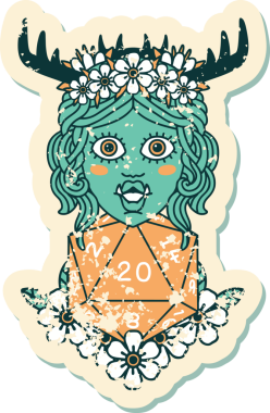 Retro Dövme Biçimi Yarı Ork Druid Bir insan tarafından çizilmiş 20 zar ile