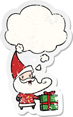Düşünce baloncuğu olan çizgi film Noel Baba 'sı bir insan tarafından çizilmiş yıpranmış bir çıkartma.