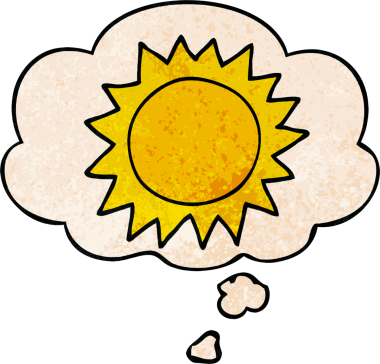 Bir insan tarafından çizilmiş grunge desenli düşünce baloncuklu çizgi film güneşi.